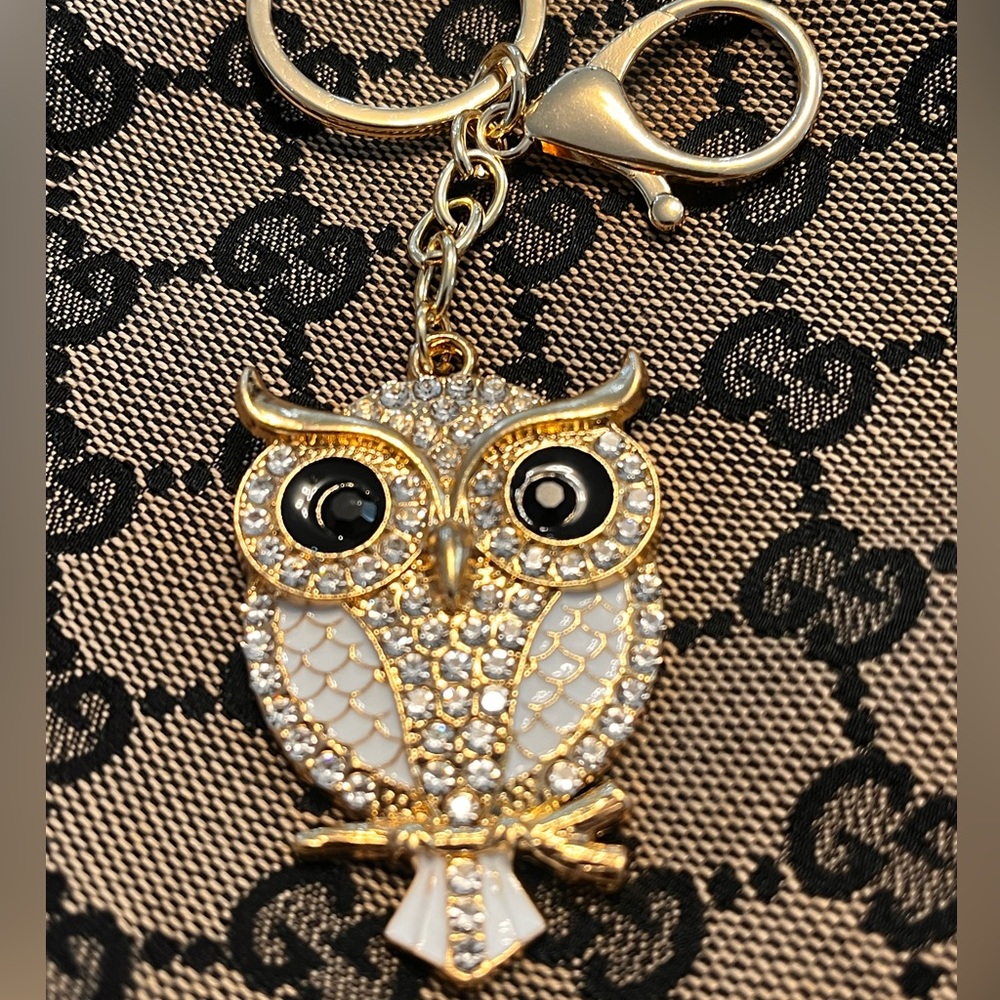 Owl Gold Bag Charm Keychain with Black & White Enamel and Rhinestones